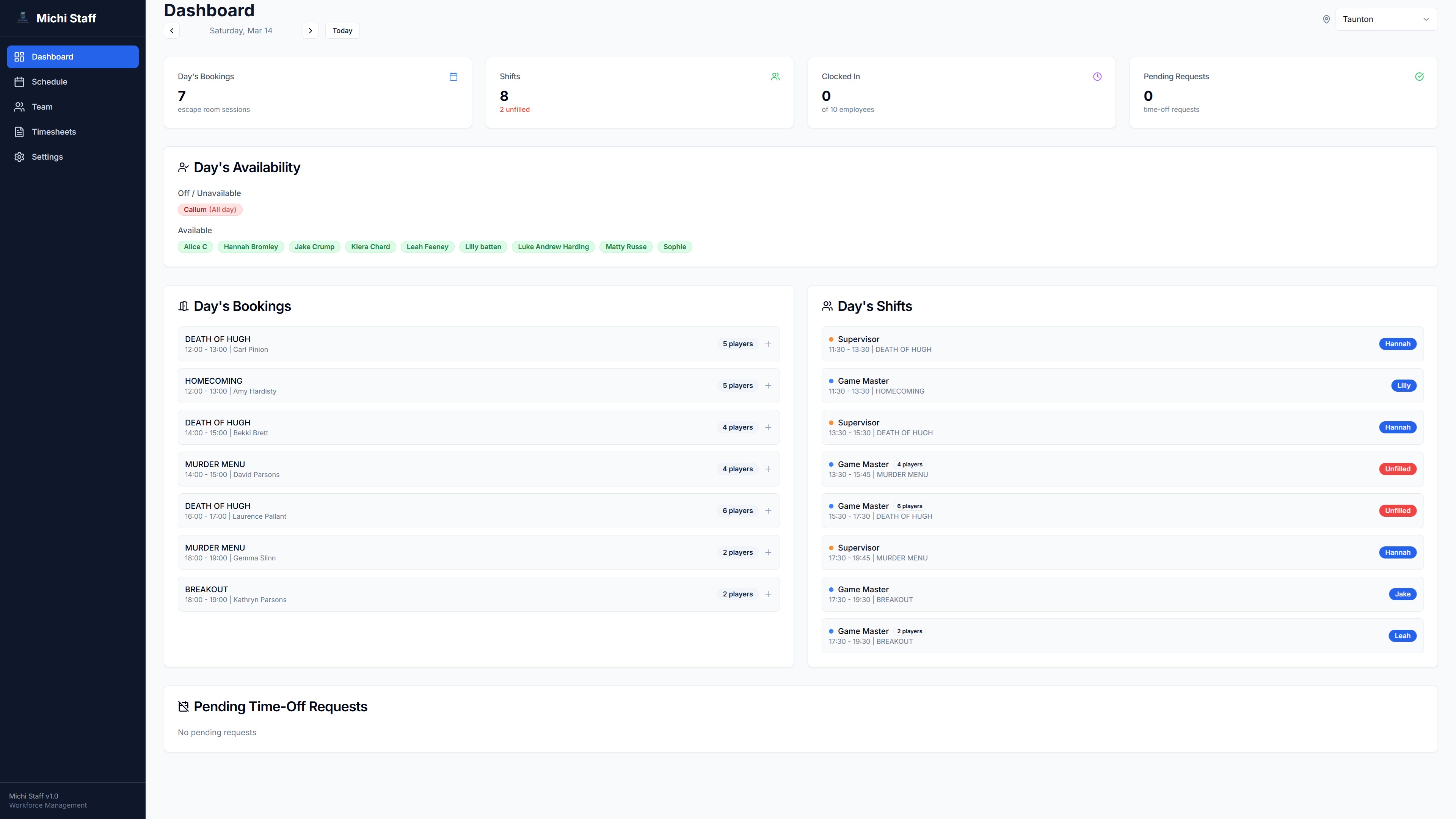 Escape Room Staff Scheduling Dashboard — Weekly Calendar with Auto-Generated Shifts from Bookings